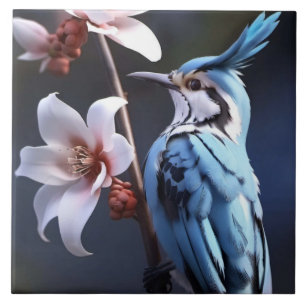 Bluejay and Flowers Tile