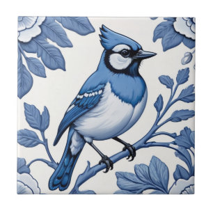 BlueJay Bird Delft Blue & White Asian Floral Jay Tile