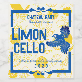 Bluejay bird lemons limoncello cordial vinegar wine label