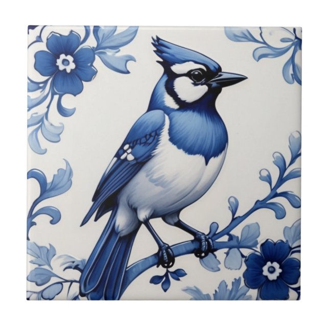 BlueJay Jay Bird Delft Blue and White Asian Floral Tile (Front)