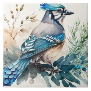 Bluejay On A Branch Watercolor Tile