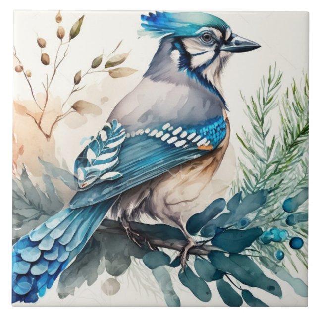 Bluejay On A Branch Watercolor Tile (Front)