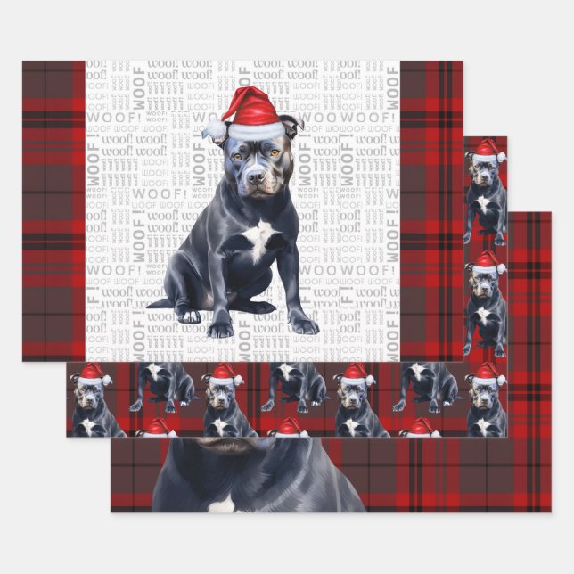 Bluenose Pitbull Christmas Dog Red Grey Plaid Wrapping Paper Sheet (Set)