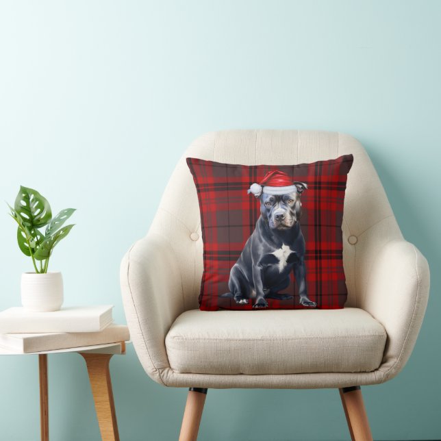 Bluenose Pitbull Dog Red Plaid Christmas Holiday Cushion (Chair)