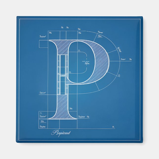 Blueprint Monogram Letter P Magnet (Front)