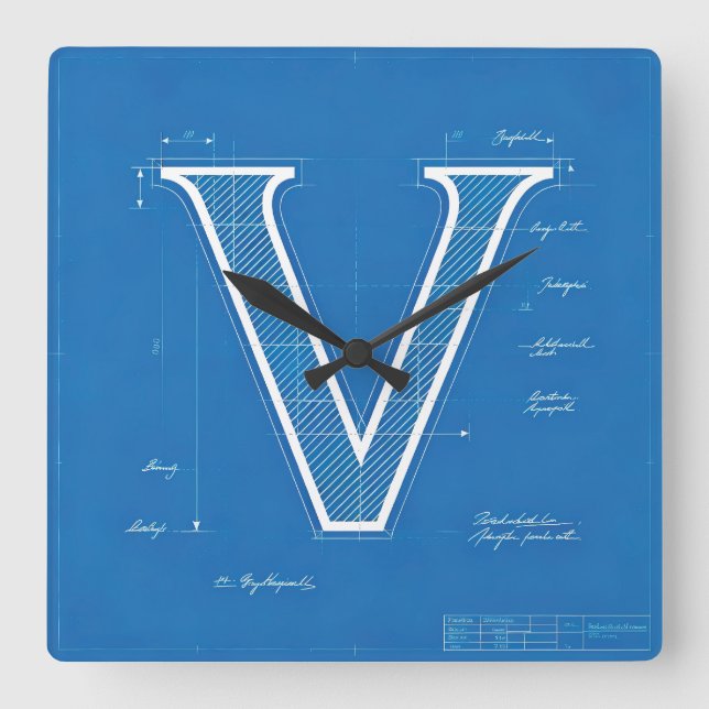 Blueprint Monogram Letter V Square Wall Clock (Front)