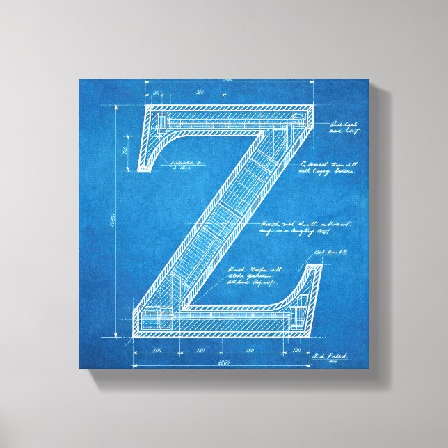 Blueprint Monogram Letter Z Canvas Print (Front)