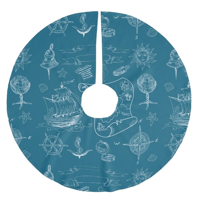 Blueprint Nautical Graphic Pattern Brushed Polyester Tree Skirt (Front)