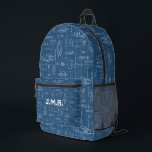 Blueprint Outer space Science Custom Monogram Printed Backpack<br><div class="desc">I noticed our kids seem to go through a stage of loving planets and outer space as they were growing up. I wanted to design a pattern that's sophisticated and speaks to the space explorer in them with this blueprint design. A rocketship and UFO blueprint pattern with gravitation equations and...</div>