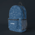 Blueprint Outer space Science Custom Monogram Printed Backpack<br><div class="desc">I noticed our kids seem to go through a stage of loving planets and outer space as they were growing up. I wanted to design a pattern that's sophisticated and speaks to the space explorer in them with this blueprint design. A rocketship and UFO blueprint pattern with gravitation equations and...</div>