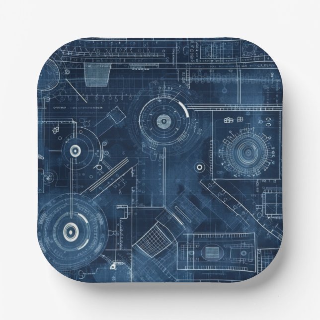 Blueprint Technical Drawing Geometric Paper Plate (Front)