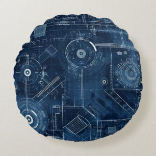 Blueprint Technical Drawing Geometric Round Cushion