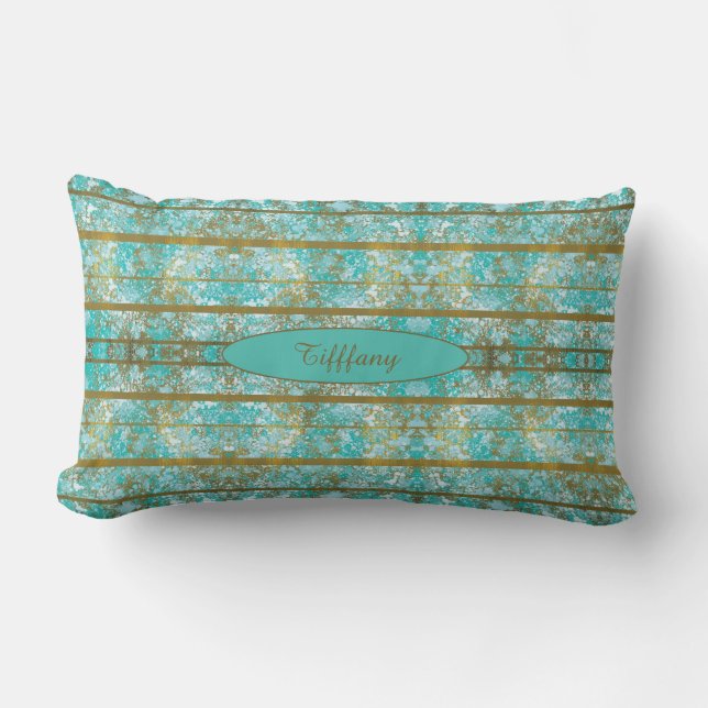 Blues and Gold Pattern Monogrammed Lumbar Cushion (Front)