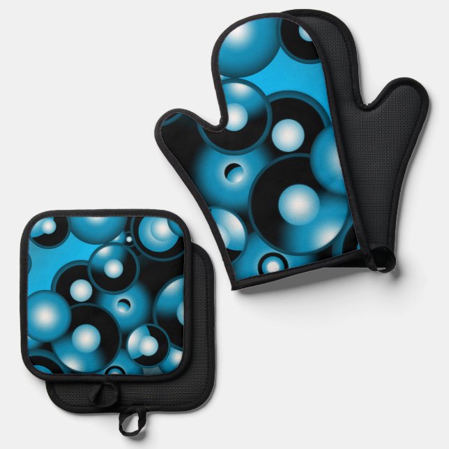 Blues Concentric Circle Orbital Abstract Art Oven Mitt & Pot Holder Set (Front/Back)