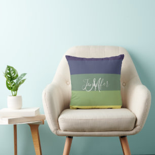 Blues + Greens Colour Block Stripe Monogram Name Cushion