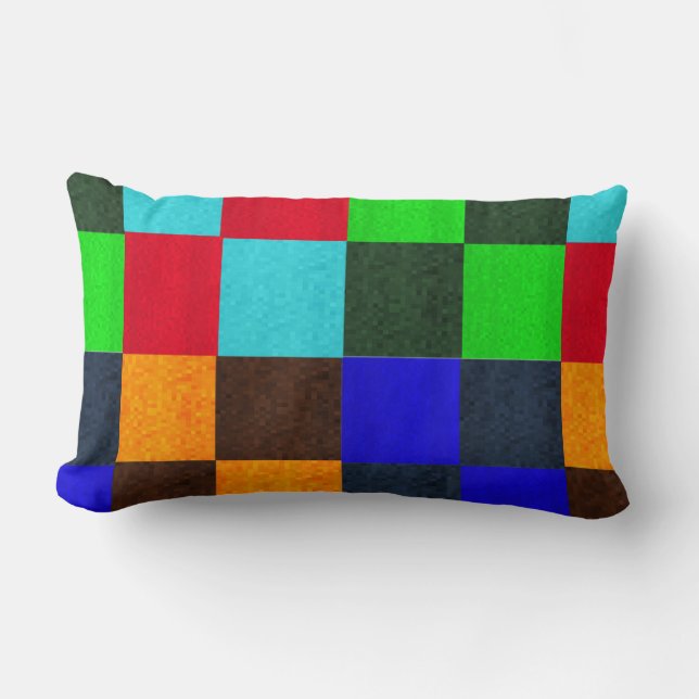 Blues Greens Multi Coloured Mosaic Checks Pattern, Lumbar Cushion (Front)