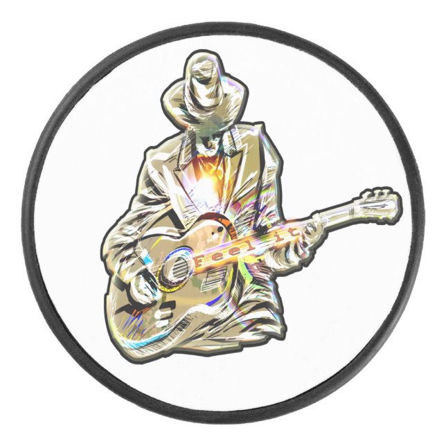 Blues Guitarist – Feel the Music Art Hockey Puck (Front)