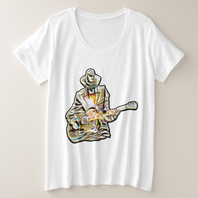 Blues Guitarist – Feel the Music Art Plus Size T-Shirt (Design Front)