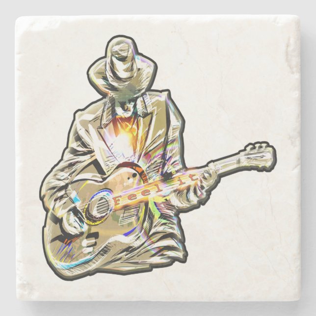 Blues Guitarist – Feel the Music Art Stone Coaster (Front)