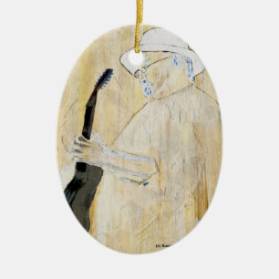 Blues Guitarist Painting in Orange and browns Ceramic Tree Decoration