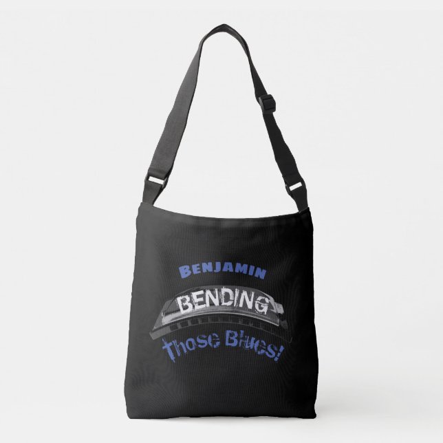 Blues harmonica player bending humour musician crossbody bag (Front)