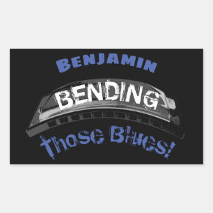 Blues harmonica player bending humour musician rectangular sticker