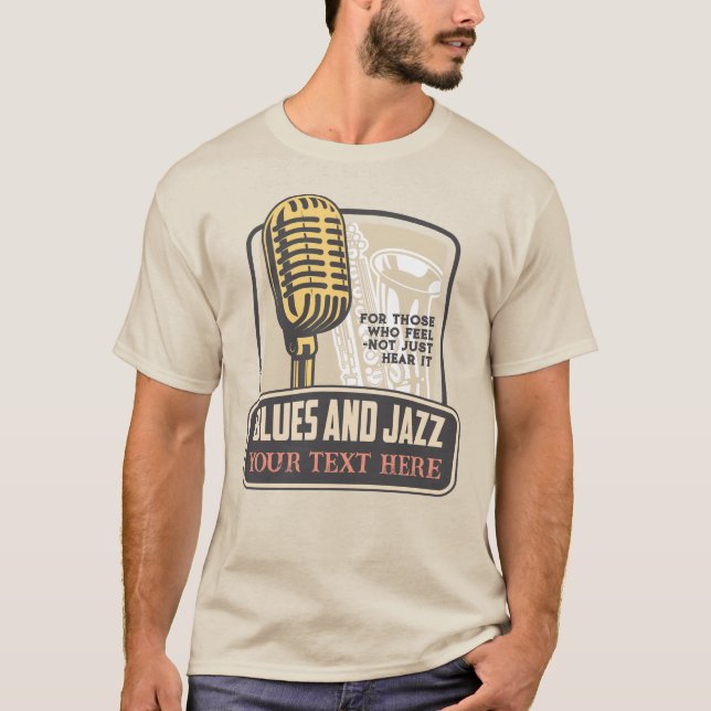 Blues & Jazz with Mic and Saxophone Graphic T-Shirt (Front)