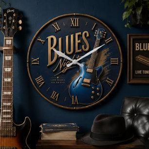 Blues Night Guitar Vintage Electric Guitar Large Clock