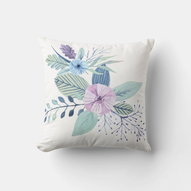 Blues & Purples Watercolor Floral Bouquet Pattern Cushion (Front)