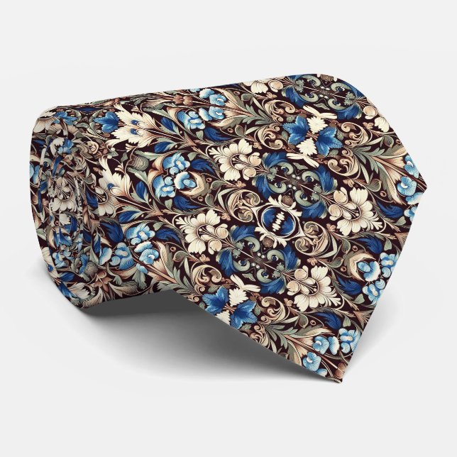 Blues, Sage, Cream, Brown & Black Floral Pattern	 Tie (Rolled)
