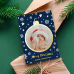 BlueSnowflakes & Gold Stars Merry Christmas Bauble<br><div class="desc">Charming navy blue and gold foil Merry Christmas photo card with your photo inside a gold foil bauble surrounded by white snowflakes and gold foil stars with retro fonts. Snowflake-themed gold foil Christmas card with your photo inside a bauble-shaped gold foil frame. Send warm Christmas wishes to your loved ones...</div>