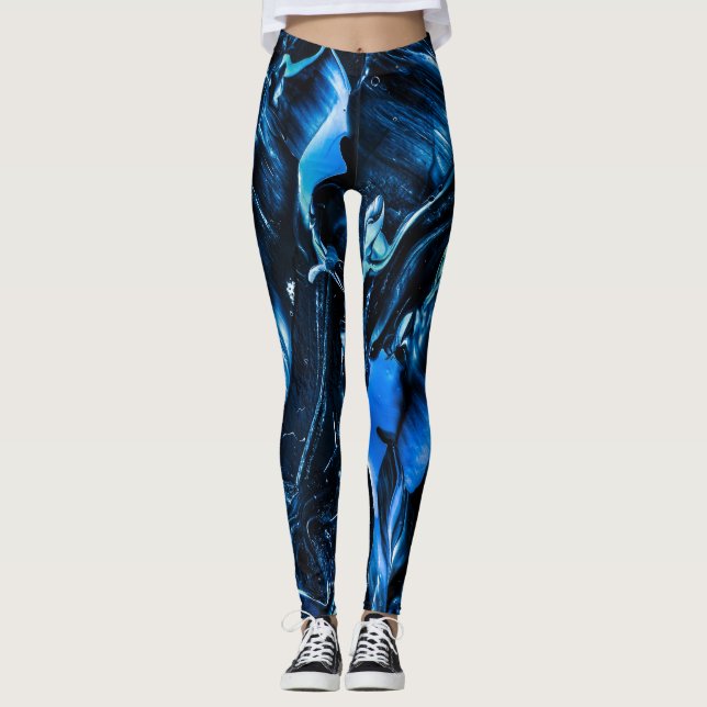 Bluest Ocean Waves, Dark Blue Abstract Leggings (Front)