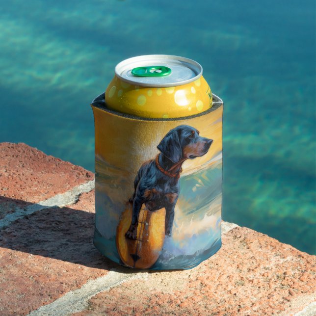 Bluetick Coonhound Beach Surfing Painting  Can Cooler (In Situ Pool)