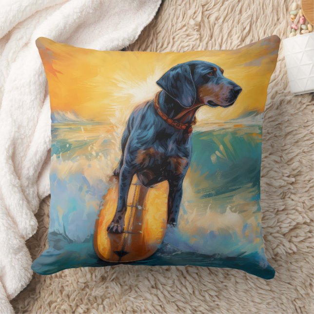 Bluetick Coonhound Beach Surfing Painting  Cushion (Blanket)