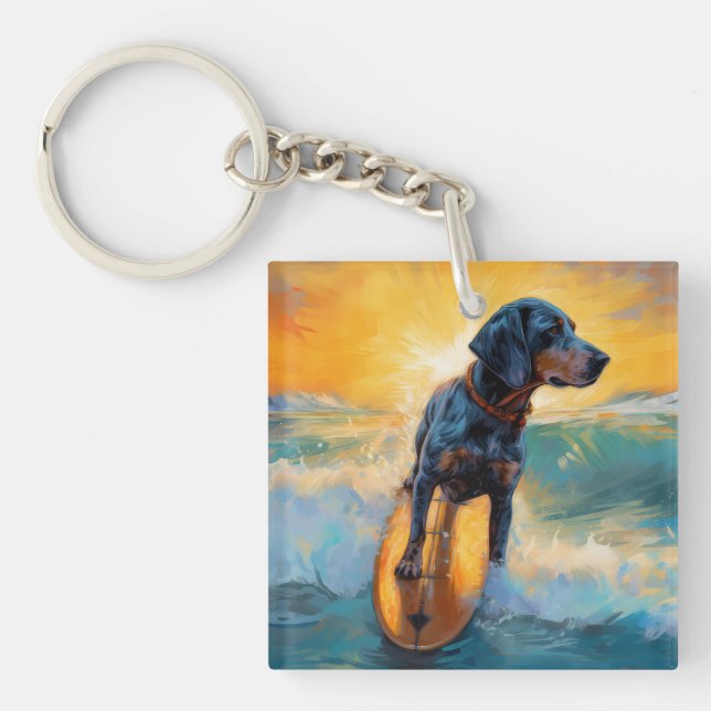 Bluetick Coonhound Beach Surfing Painting  Key Ring (Front)