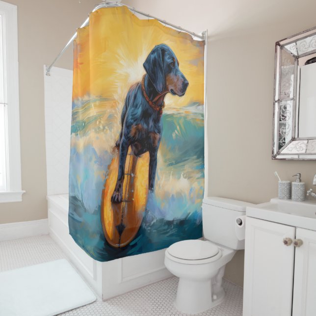 Bluetick Coonhound Beach Surfing Painting  Shower Curtain (In Situ)