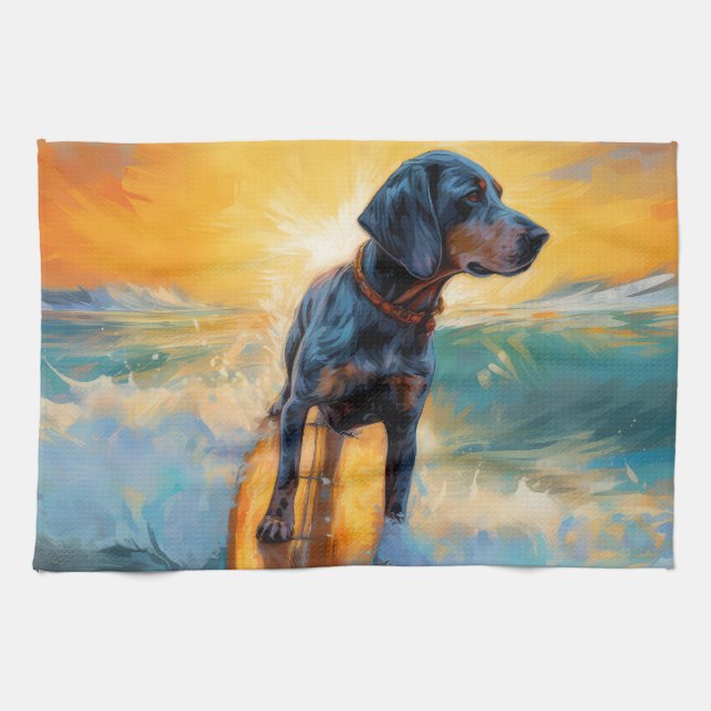 Bluetick Coonhound Beach Surfing Painting  Tea Towel (Horizontal)