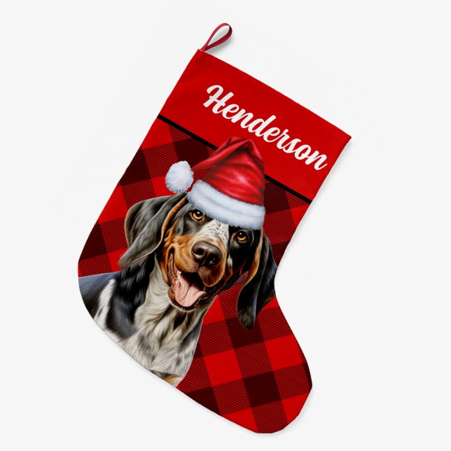 Bluetick Coonhound Buffalo Plaid and Dogs Name Large Christmas Stocking (Front (Hanging))