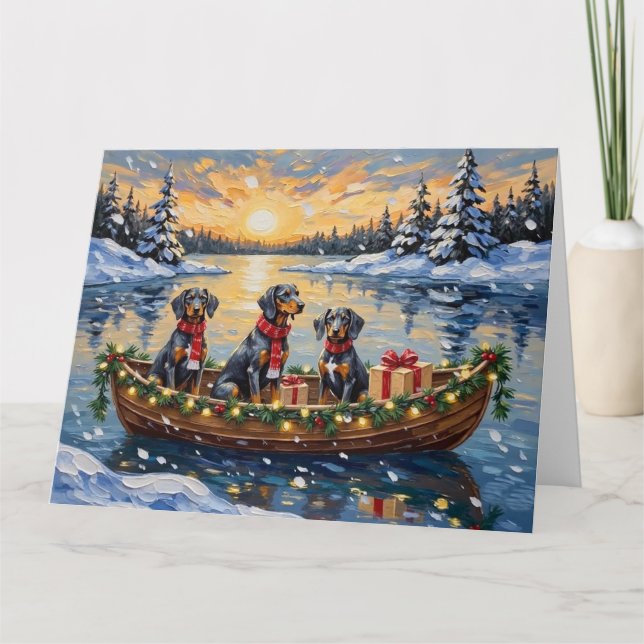Bluetick Coonhound Christmas Boat Holiday Card (Front)