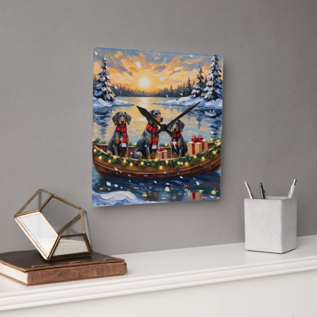 Bluetick Coonhound Christmas Boat Holiday Square Wall Clock (Office)