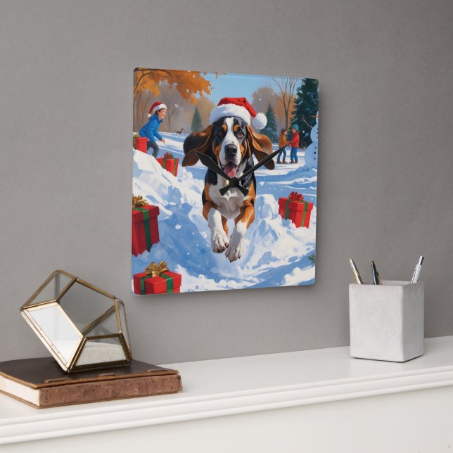 Bluetick Coonhound  Christmas Festive Snow Scene Square Wall Clock (Office)