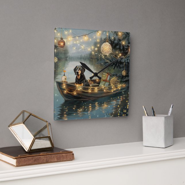 Bluetick Coonhound Christmas Festive Voyage Square Wall Clock (Office)