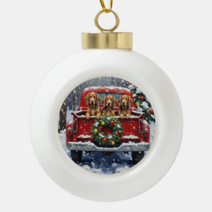 Bluetick Coonhound Christmas Red Truck Holiday Ceramic Ball Christmas Ornament