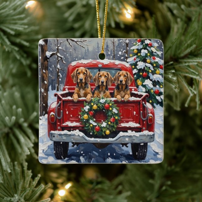 Bluetick Coonhound Christmas Red Truck Holiday Ceramic Ornament (Tree)