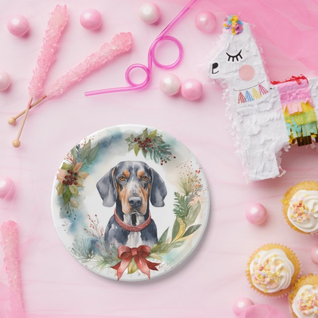 Bluetick Coonhound Christmas Wreath Festive Pup  Paper Plate (Party)