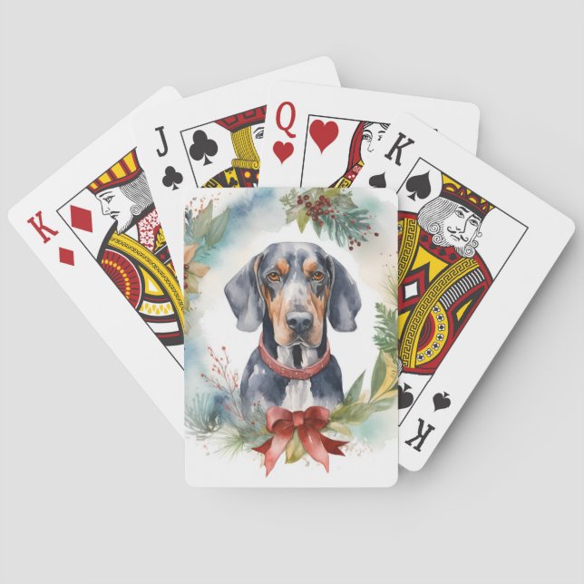 Bluetick Coonhound Christmas Wreath Festive Pup  Playing Cards (Back)