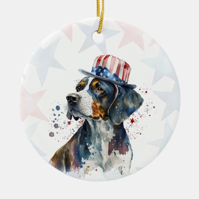 Bluetick coonhound Dog, 4th of july Personalised Ceramic Tree Decoration (Front)
