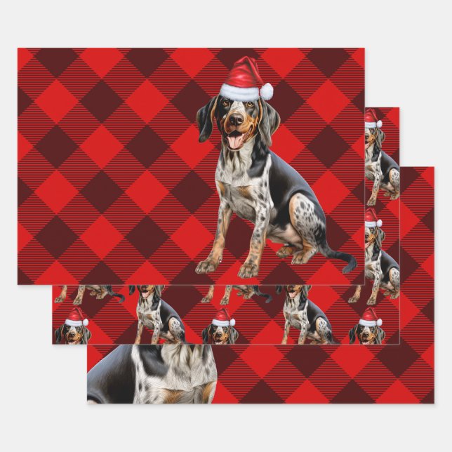Bluetick Coonhound Dog Holiday Plaid Christmas Wrapping Paper Sheet (Set)