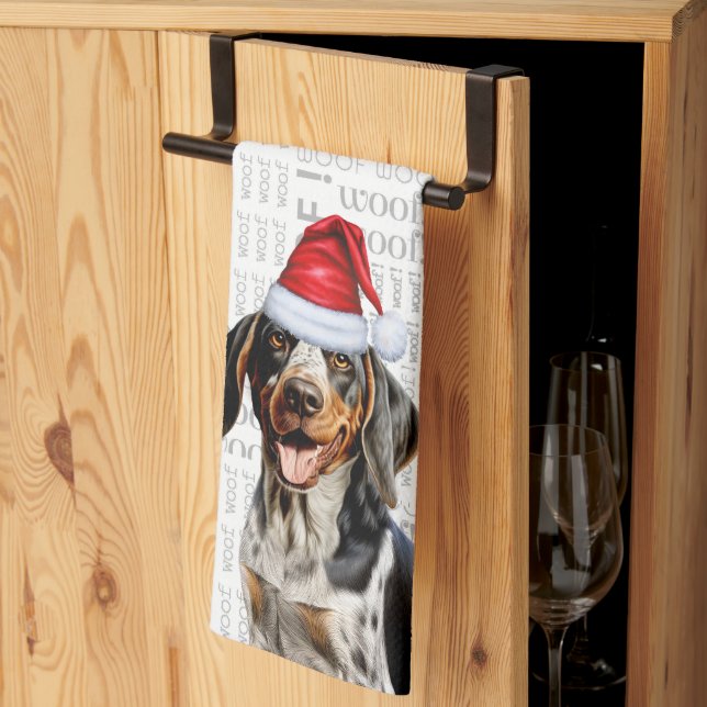 Bluetick Coonhound Dog in Santa Hat Woof Christmas Tea Towel (Thirds Fold)