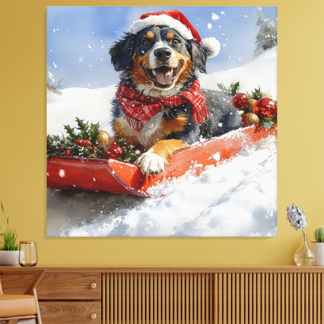 Bluetick Coonhound Dog in Sledge Christmas Canvas Print (Insitu(LivingRoom))